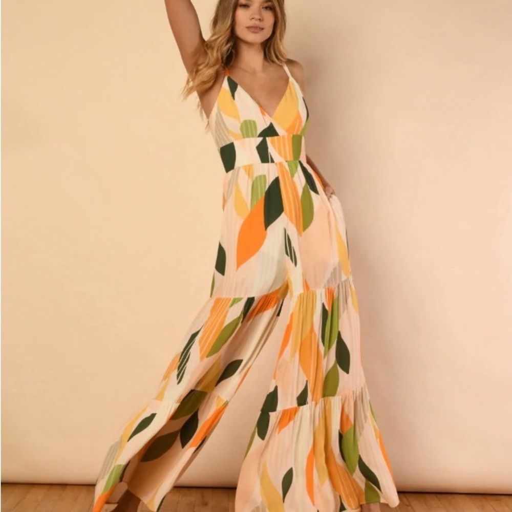 Anthropologie Wide-Leg Jumpsuit in Cream, Orange, Green and Yellow Leaf Print